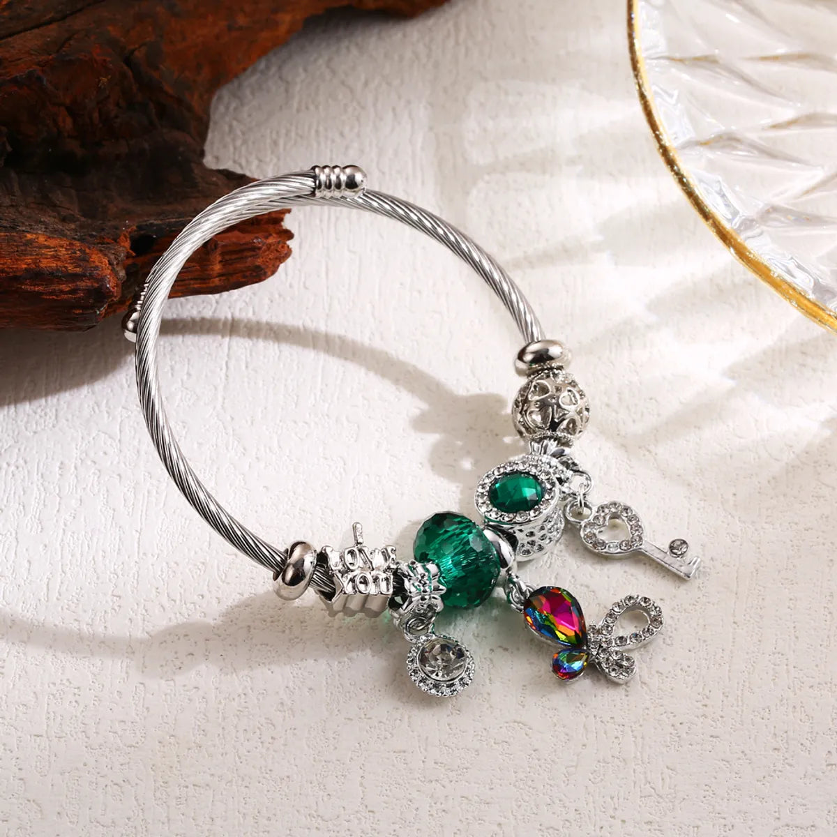 Elegant Cute Round Butterfly Key Stainless Steel Alloy Beaded Inlay Rhinestones Bangle