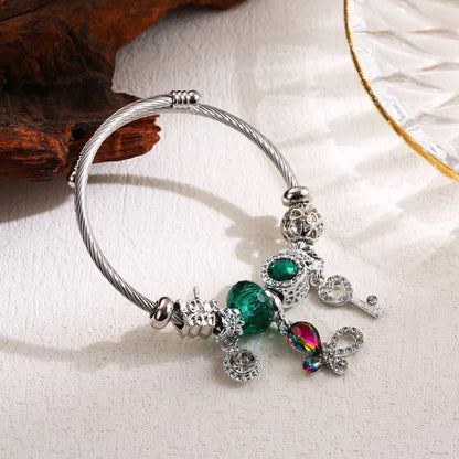 Elegant Cute Round Butterfly Key Stainless Steel Alloy Beaded Inlay Rhinestones Bangle