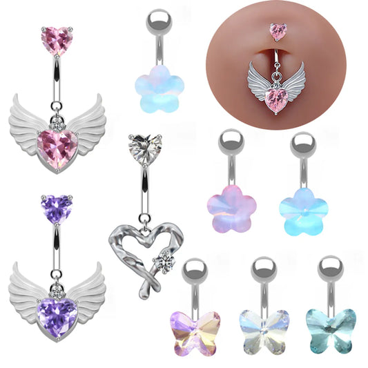 Elegant Cute Wings Butterfly Stainless Steel Copper Plating Inlay Rhinestones Zircon White Gold Plated Belly Ring