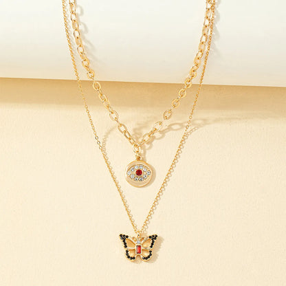 Elegant Devil's Eye Butterfly Alloy Plating Inlay Zircon Women's Layered Necklaces