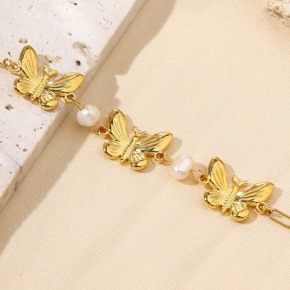 Elegant Flower 304 Stainless Steel 18K Gold Plated Pearl Bracelets In Bulk