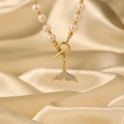 Elegant Flower Butterfly Fish Tail Freshwater Pearl Copper Beaded Zircon 14k Gold Plated Necklace