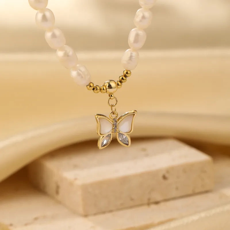 Elegant Flower Butterfly Fish Tail Freshwater Pearl Copper Beaded Zircon 14k Gold Plated Necklace