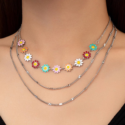 Elegant Flower Daisy Alloy Enamel Silver Plated Women's Three Layer Necklace