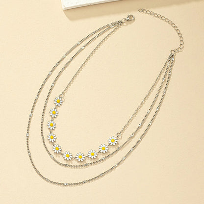 Elegant Flower Daisy Alloy Enamel Silver Plated Women's Three Layer Necklace