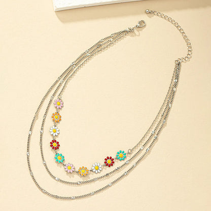 Elegant Flower Daisy Alloy Enamel Silver Plated Women's Three Layer Necklace