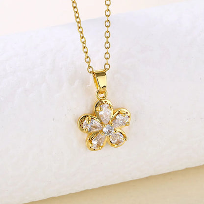 Elegant Flower Stainless Steel Plating Hollow Out Inlay Zircon 18k Gold Plated Pendant Necklace