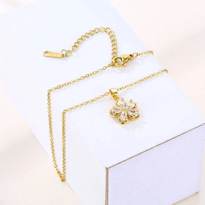 Elegant Flower Stainless Steel Plating Hollow Out Inlay Zircon 18k Gold Plated Pendant Necklace