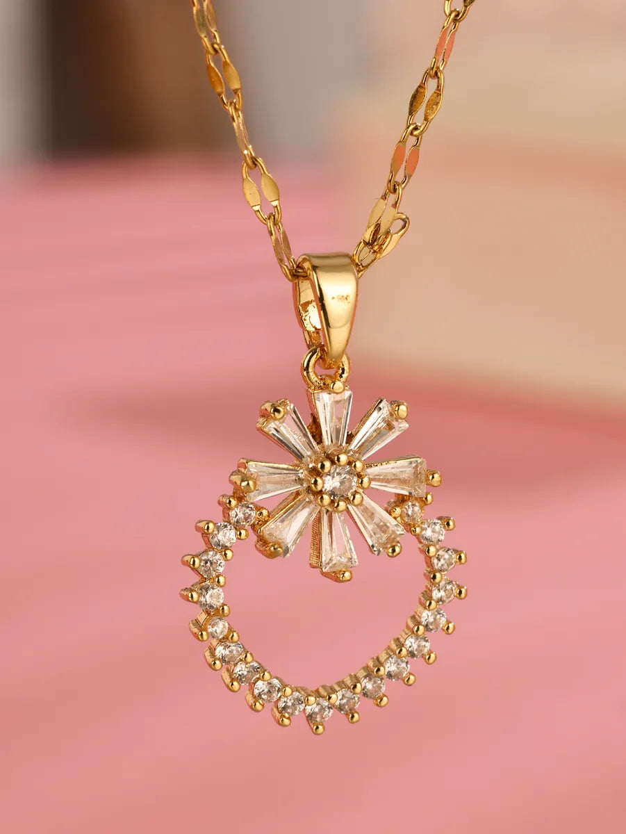 Elegant Flower Stainless Steel Plating Hollow Out Inlay Zircon 18k Gold Plated Pendant Necklace