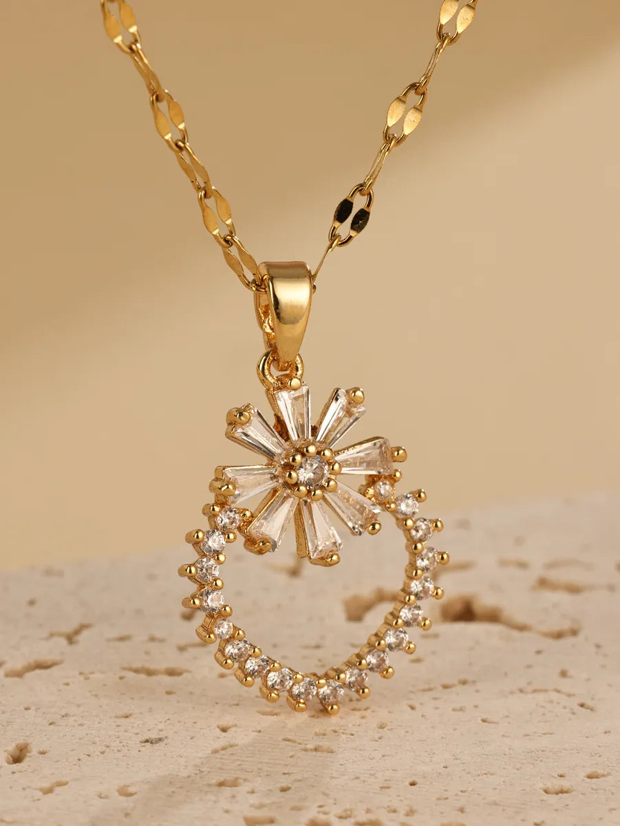 Elegant Flower Stainless Steel Plating Hollow Out Inlay Zircon 18k Gold Plated Pendant Necklace