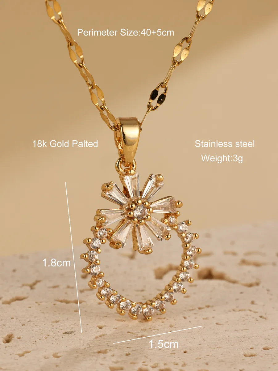 Elegant Flower Stainless Steel Plating Hollow Out Inlay Zircon 18k Gold Plated Pendant Necklace