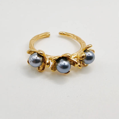 Wholesale Jewelry Elegant Flower 304 Stainless Steel Artificial Pearls 14K Gold Plated Plating Inlay Open Rings