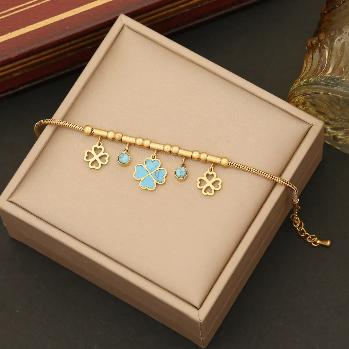 Wholesale Elegant Flower Stainless Steel Plating Inlay Turquoise Bracelets Earrings Necklace