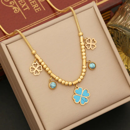 Wholesale Elegant Flower Stainless Steel Plating Inlay Turquoise Bracelets Earrings Necklace