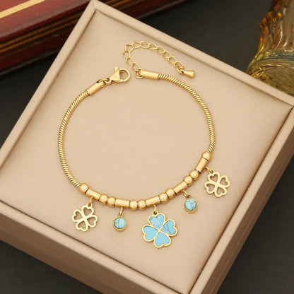 Wholesale Elegant Flower Stainless Steel Plating Inlay Turquoise Bracelets Earrings Necklace