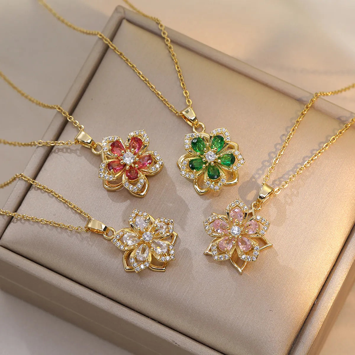 Elegant Flower Titanium Steel Copper Zircon Pendant Necklace In Bulk