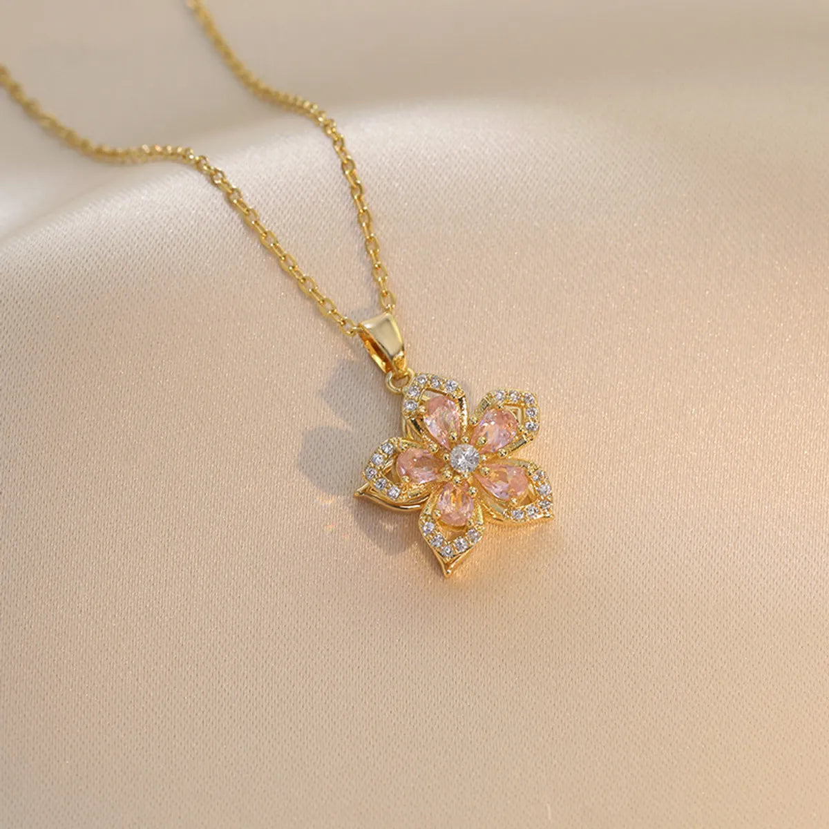 Elegant Flower Titanium Steel Copper Zircon Pendant Necklace In Bulk