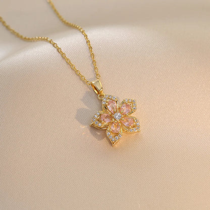 Elegant Flower Titanium Steel Copper Zircon Pendant Necklace In Bulk