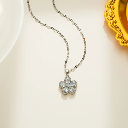 Elegant Flower Titanium Steel Inlay Zircon Pendant Necklace