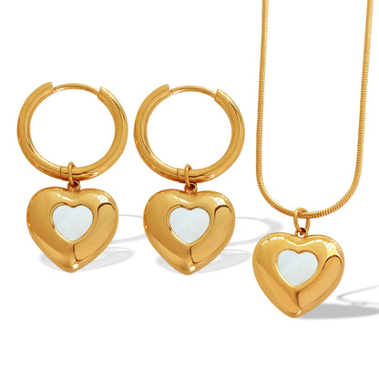 Elegant Formal Simple Style Heart Shape Titanium Steel Plating Inlay Shell 18k Gold Plated Earrings Necklace