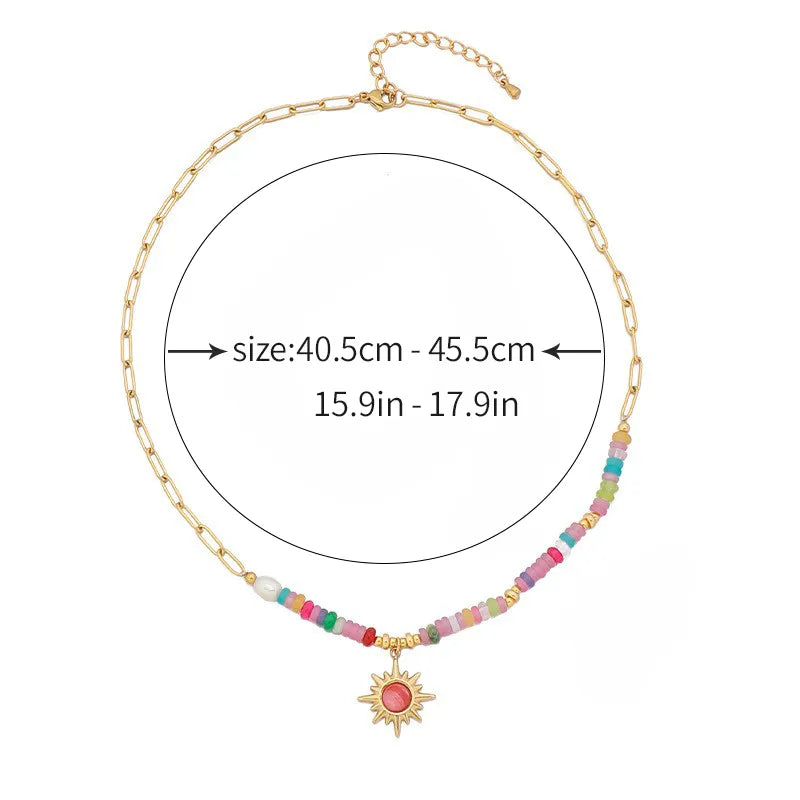 Elegant French Style Bohemian Round Sun 18K Gold Plated Natural Stone Natural Stone Titanium Steel Wholesale Pendant Necklace