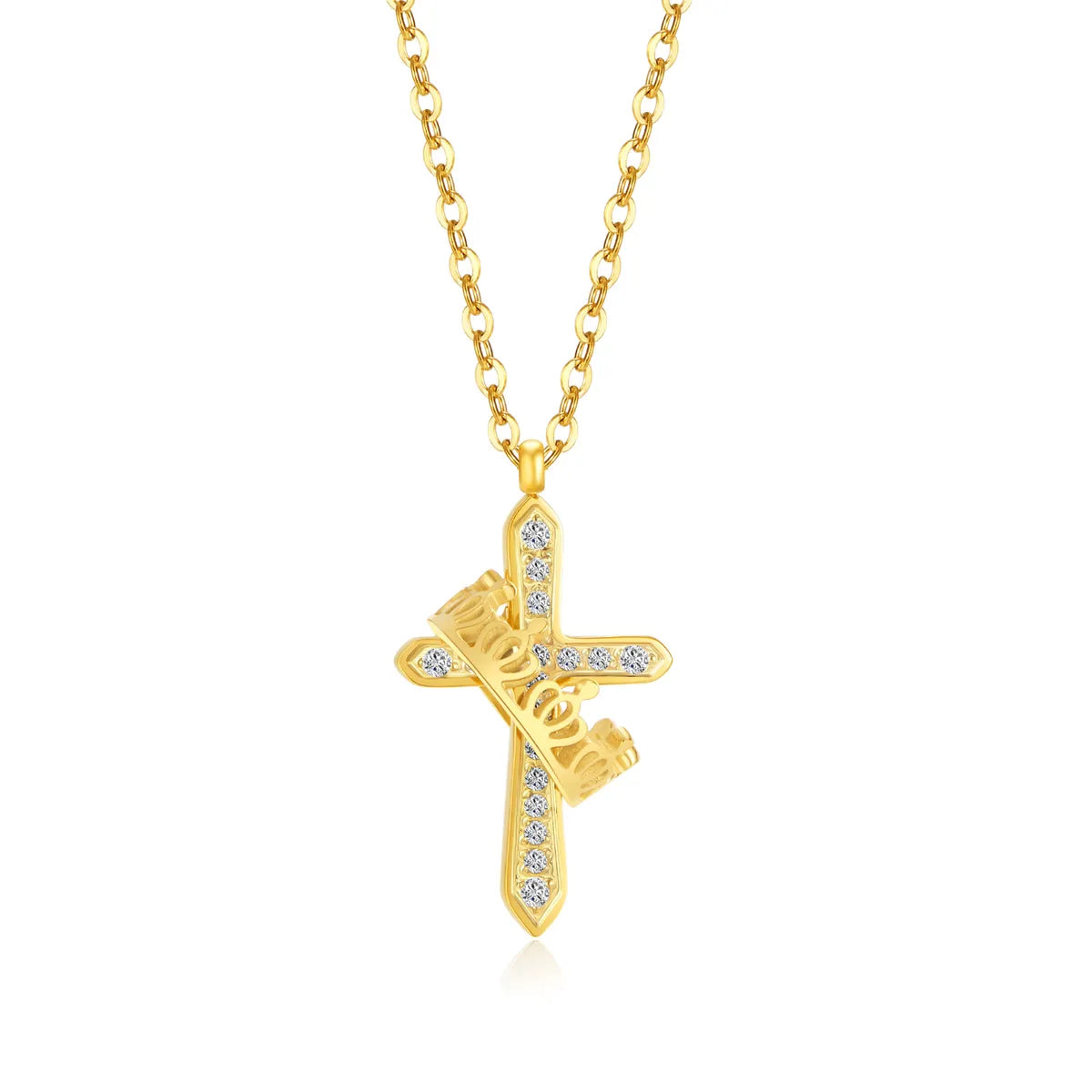 304 Stainless Steel Elegant French Style Cross Crown Pendant Necklace