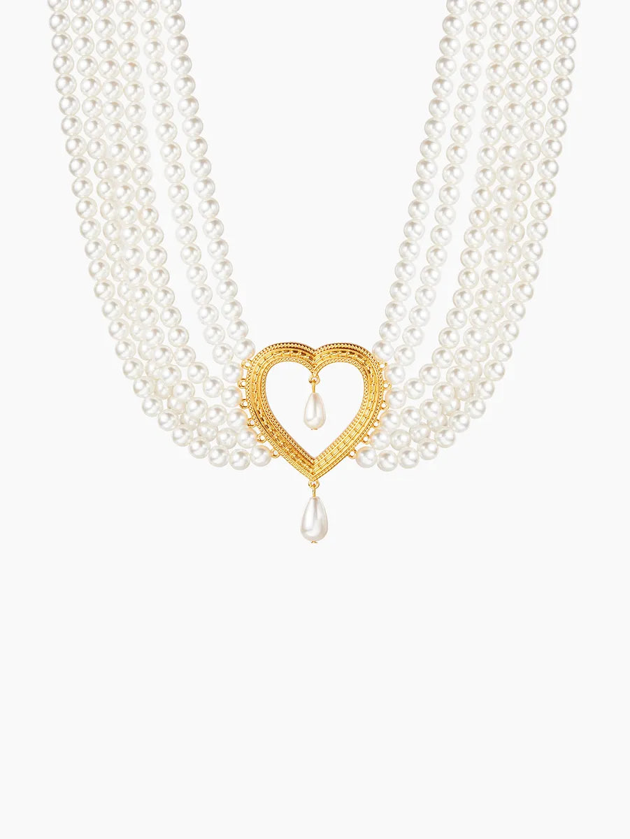 Elegant French Style Heart Shape Imitation Pearl Alloy Beaded 18K Gold Plated Women'S Layered Necklaces