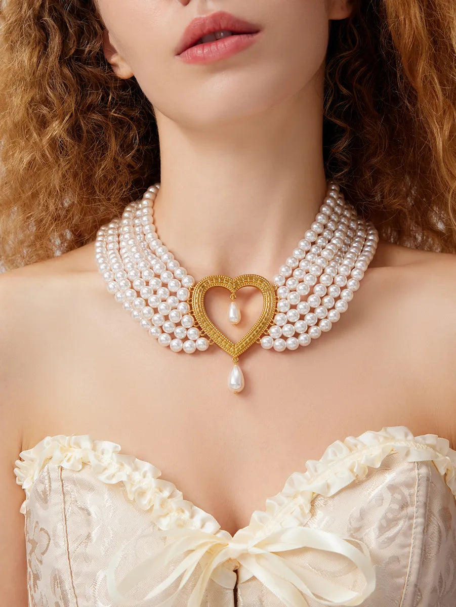 Elegant French Style Heart Shape Imitation Pearl Alloy Beaded 18K Gold Plated Women'S Layered Necklaces