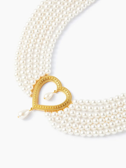 Elegant French Style Heart Shape Imitation Pearl Alloy Beaded 18K Gold Plated Women'S Layered Necklaces