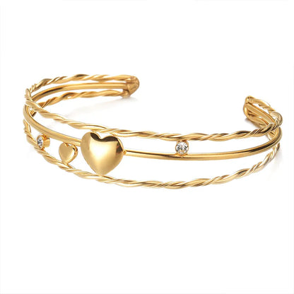 Elegant French Style Simple Style Heart Shape 201 Stainless Steel 304 Stainless Steel 18K Gold Plated Artificial Rhinestones Bangle In Bulk