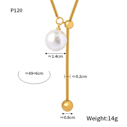 Elegant French Style Simple Style Round Artificial Pearl Titanium Steel Asymmetrical 18K Gold Plated Women's Pendant Necklace Long Necklace