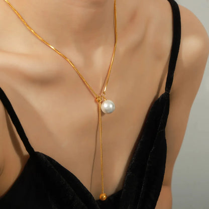 Elegant French Style Simple Style Round Artificial Pearl Titanium Steel Asymmetrical 18K Gold Plated Women's Pendant Necklace Long Necklace