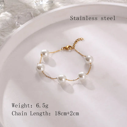 Elegant French Style Simple Style Round Stainless Steel Pearl Plating 18k Gold Plated Bracelets