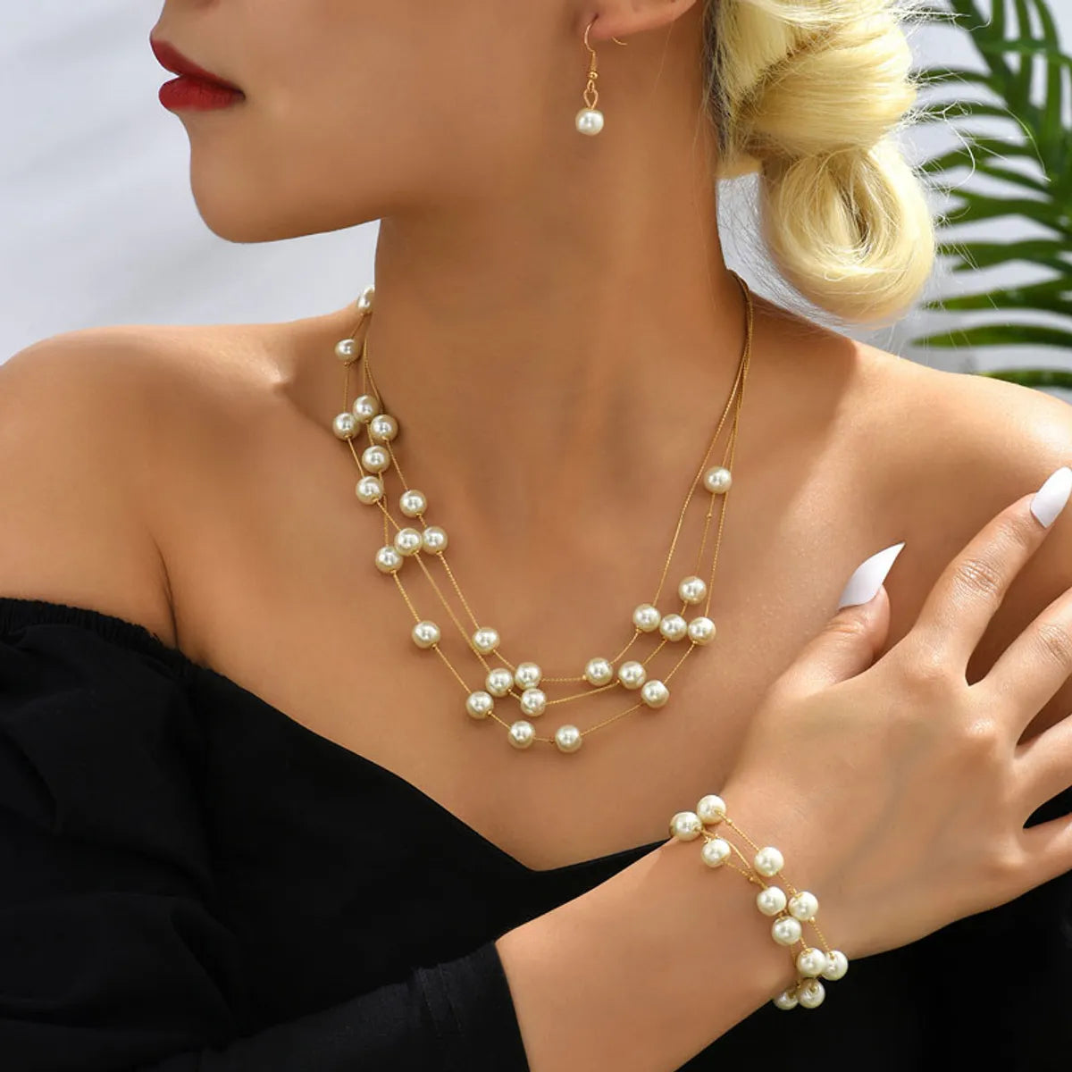 Elegant Geometric Alloy Plating Artificial Pearls Women's Bracelets Earrings Necklace 1 Set