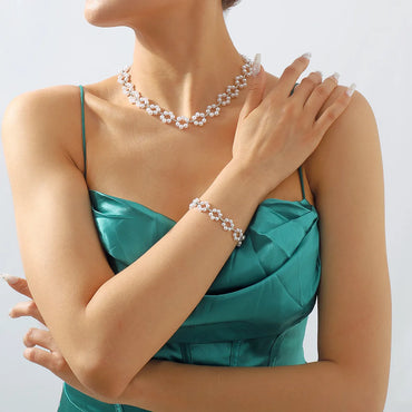 Elegant Geometric Imitation Pearl Iron Women's Bracelets Necklace 1 Set