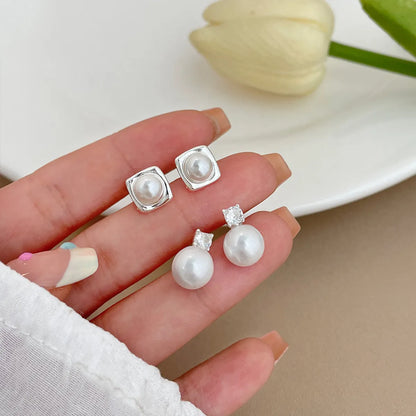 Elegant Geometric Inlay Alloy Pearl Ear Studs