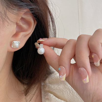 Elegant Geometric Inlay Alloy Pearl Ear Studs