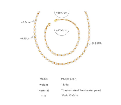 Elegant Geometric Stainless Steel Freshwater Pearl Beaded 18k Gold Plated Women's Bracelets Necklace