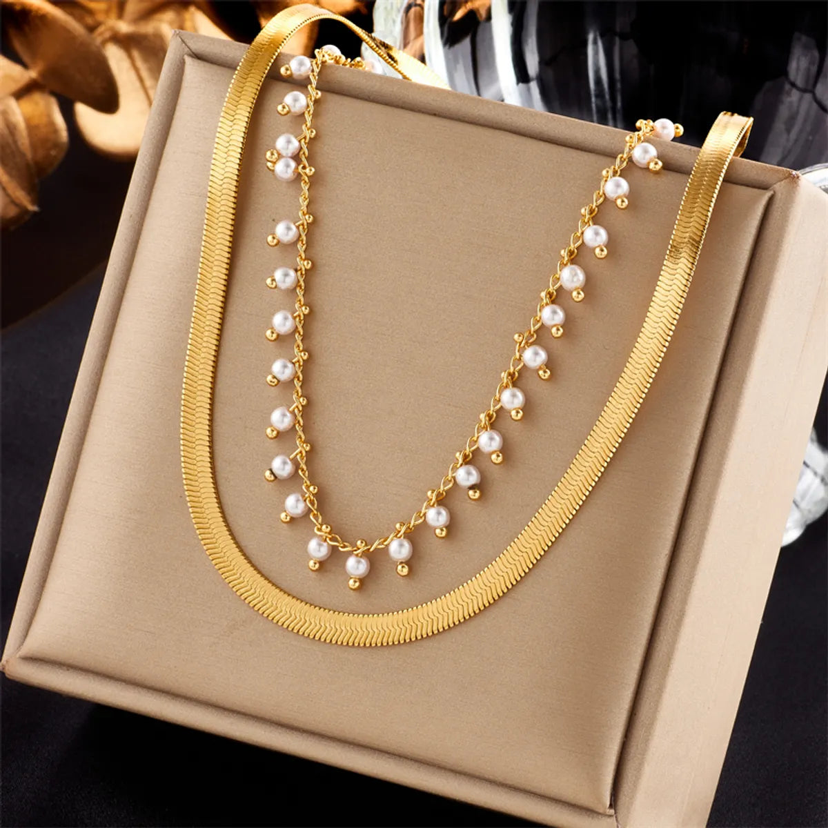 Elegant Geometric Stainless Steel Inlay Artificial Pearls 18k Gold Plated Layered Necklaces