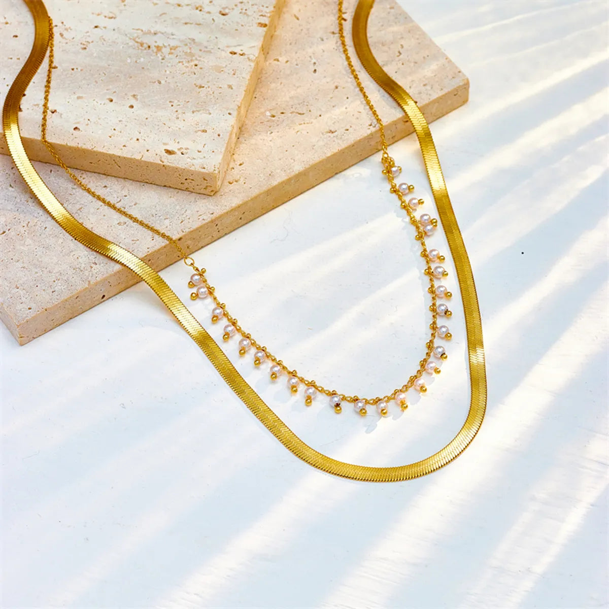 Elegant Geometric Stainless Steel Inlay Artificial Pearls 18k Gold Plated Layered Necklaces