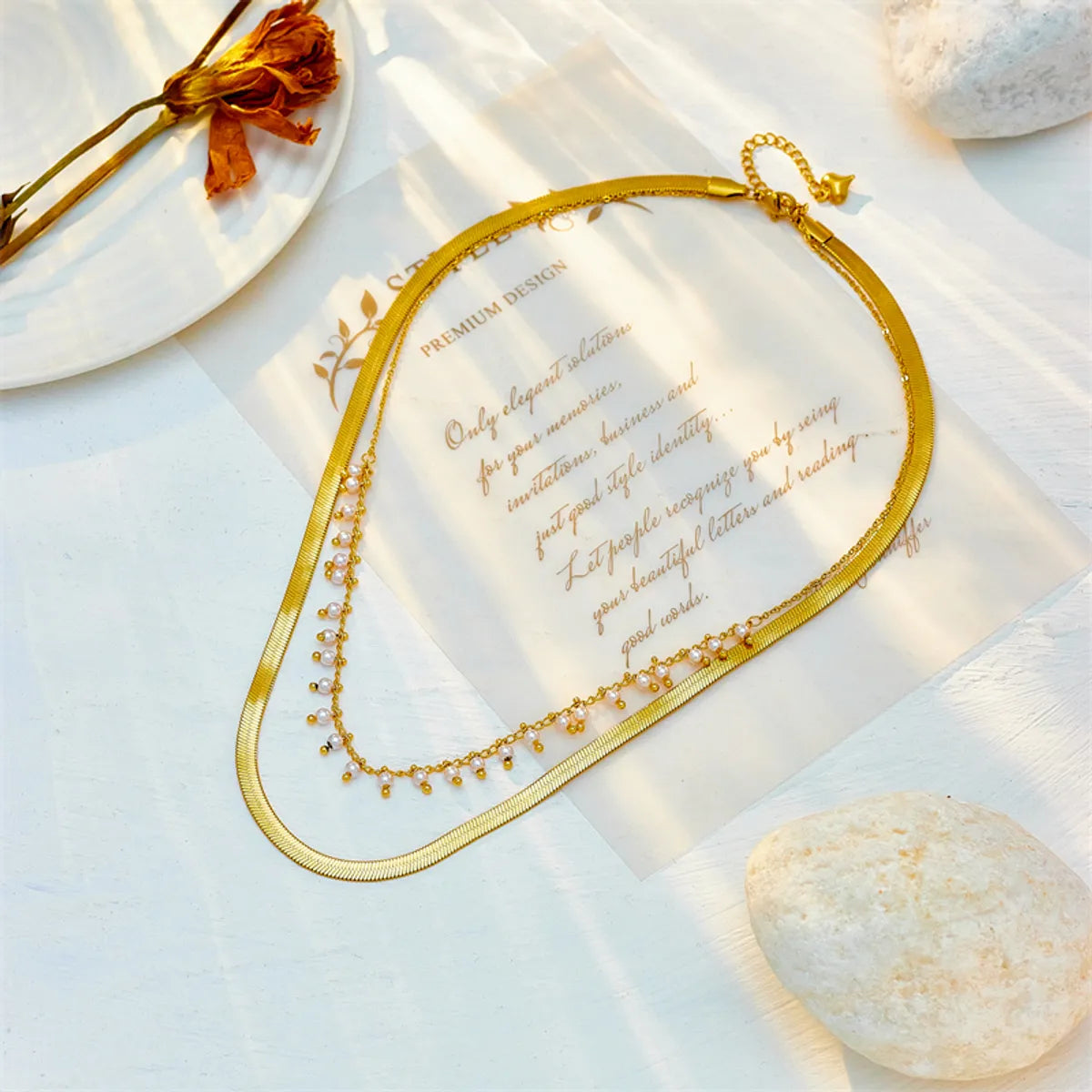 Elegant Geometric Stainless Steel Inlay Artificial Pearls 18k Gold Plated Layered Necklaces