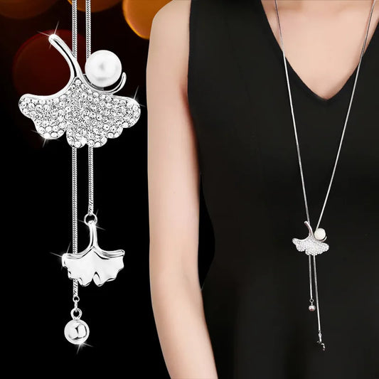 Elegant Ginkgo Leaf Alloy Inlay Artificial Pearls Glass Women'S Sweater Chain