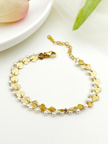 Elegant Ginkgo Leaf 304 Stainless Steel Gold Plated Pearl Bracelets In Bulk