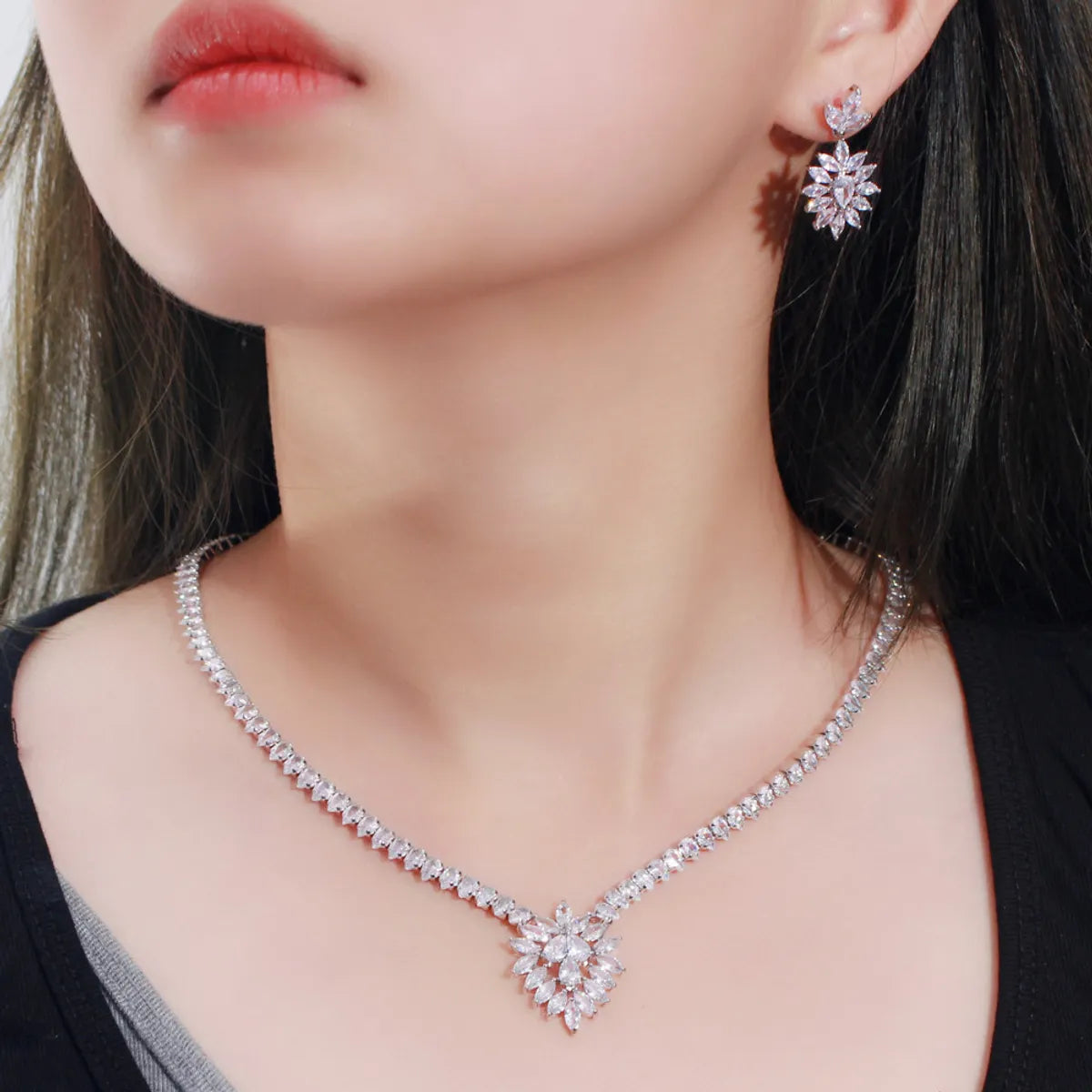 Elegant Glam Bridal Water Droplets Flower Snowflake Copper Plating Inlay Artificial Gemstones 14k Gold Plated White Gold Plated Rhodium Plated Jewelry Set