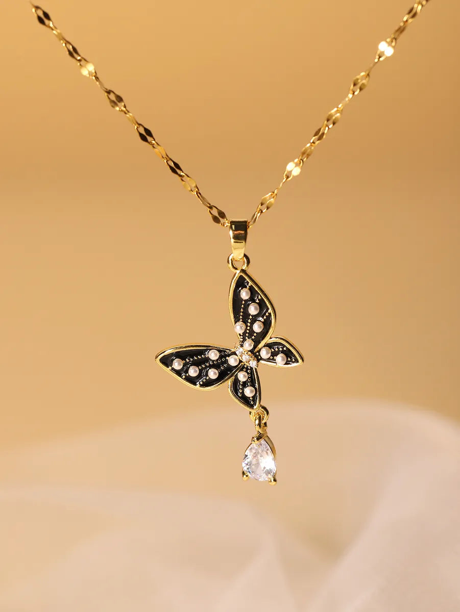 Elegant Glam Butterfly Stainless Steel Enamel Plating Inlay Artificial Pearls Zircon 18k Gold Plated Pendant Necklace