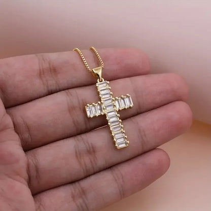 Elegant Glam Cross Copper Plating Inlay Zircon 18k Gold Plated Pendant Necklace