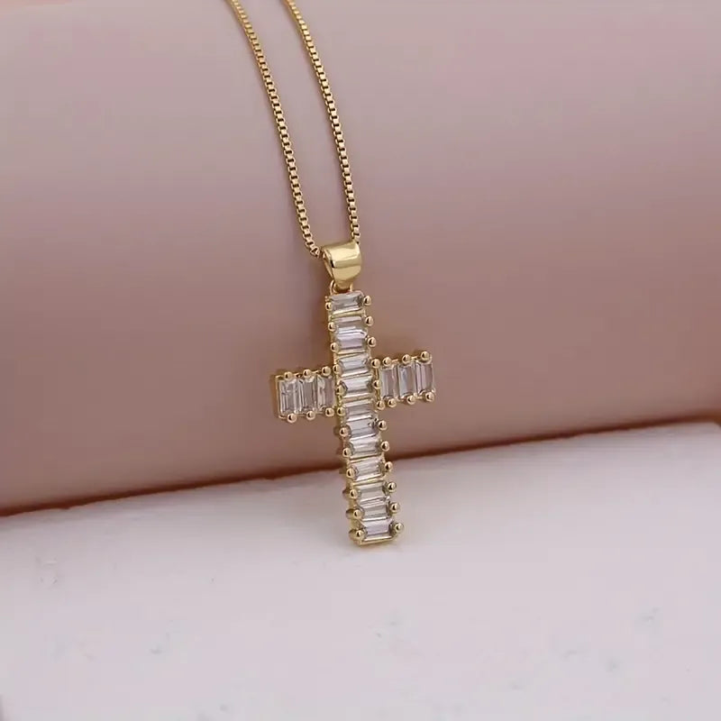 Elegant Glam Cross Copper Plating Inlay Zircon 18k Gold Plated Pendant Necklace