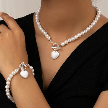 Elegant Glam Lady Heart Shape Arylic Imitation Pearl Alloy Plating 14k Gold Plated Women's Bracelets Necklace