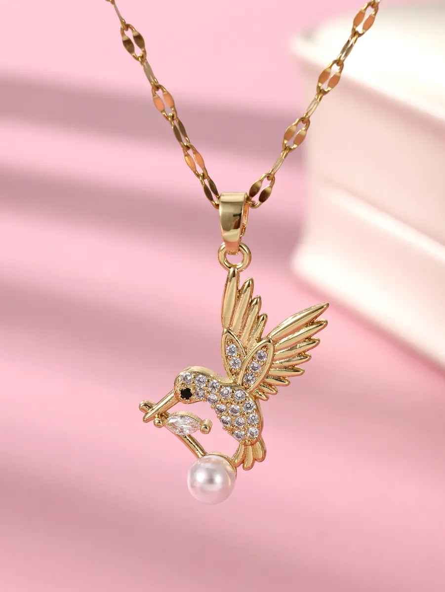 Elegant Glam Luxurious Bird Stainless Steel Plating Inlay Zircon 18k Gold Plated Pendant Necklace