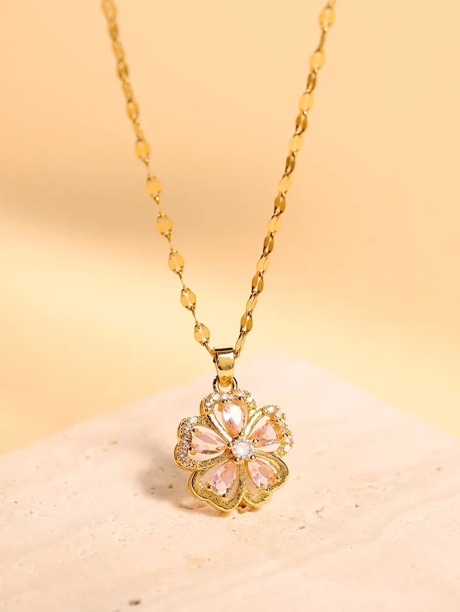 Elegant Glam Luxurious Flower Stainless Steel Plating Hollow Out Inlay Zircon 18k Gold Plated Pendant Necklace